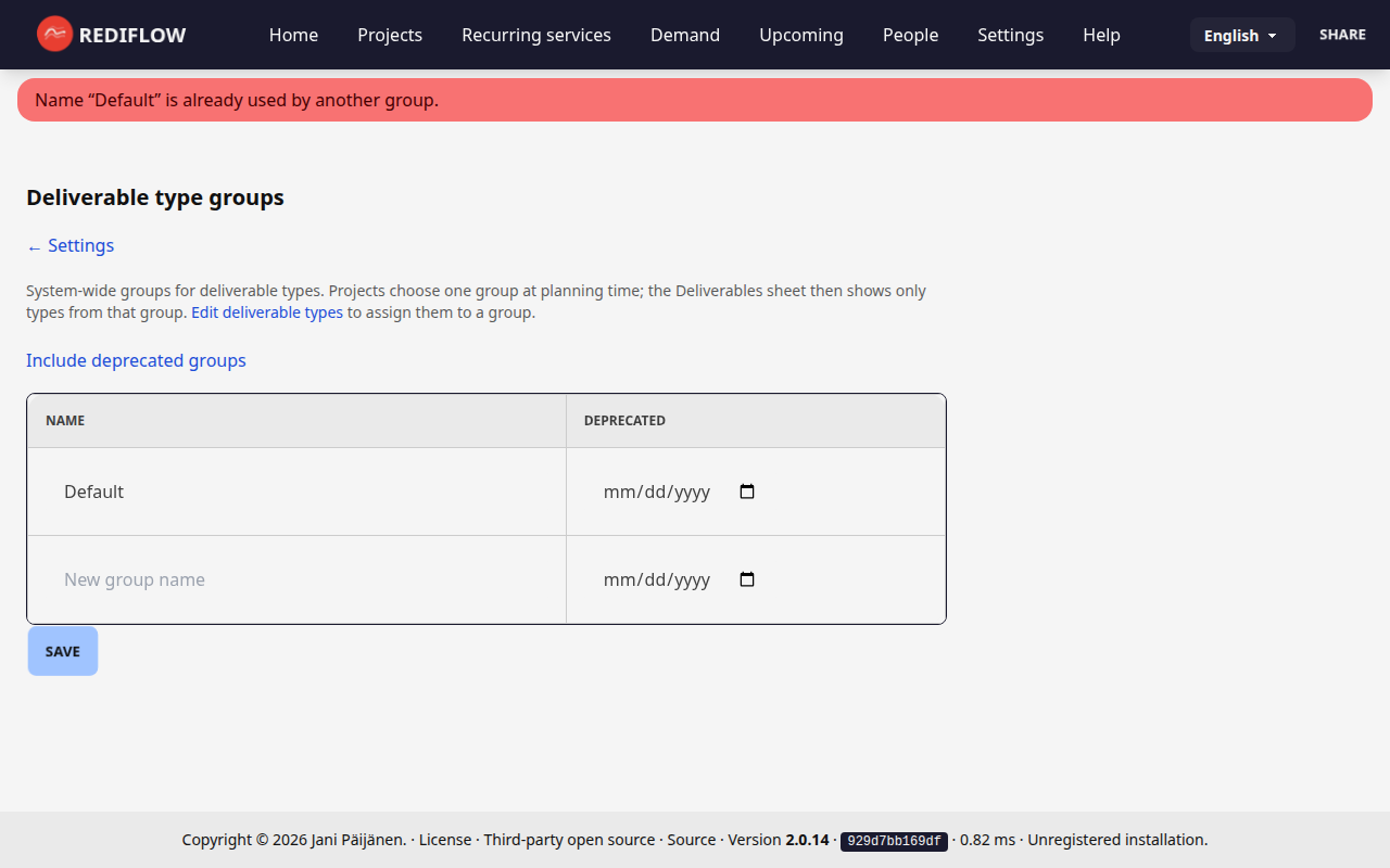 Screenshot: Deliverable type groups