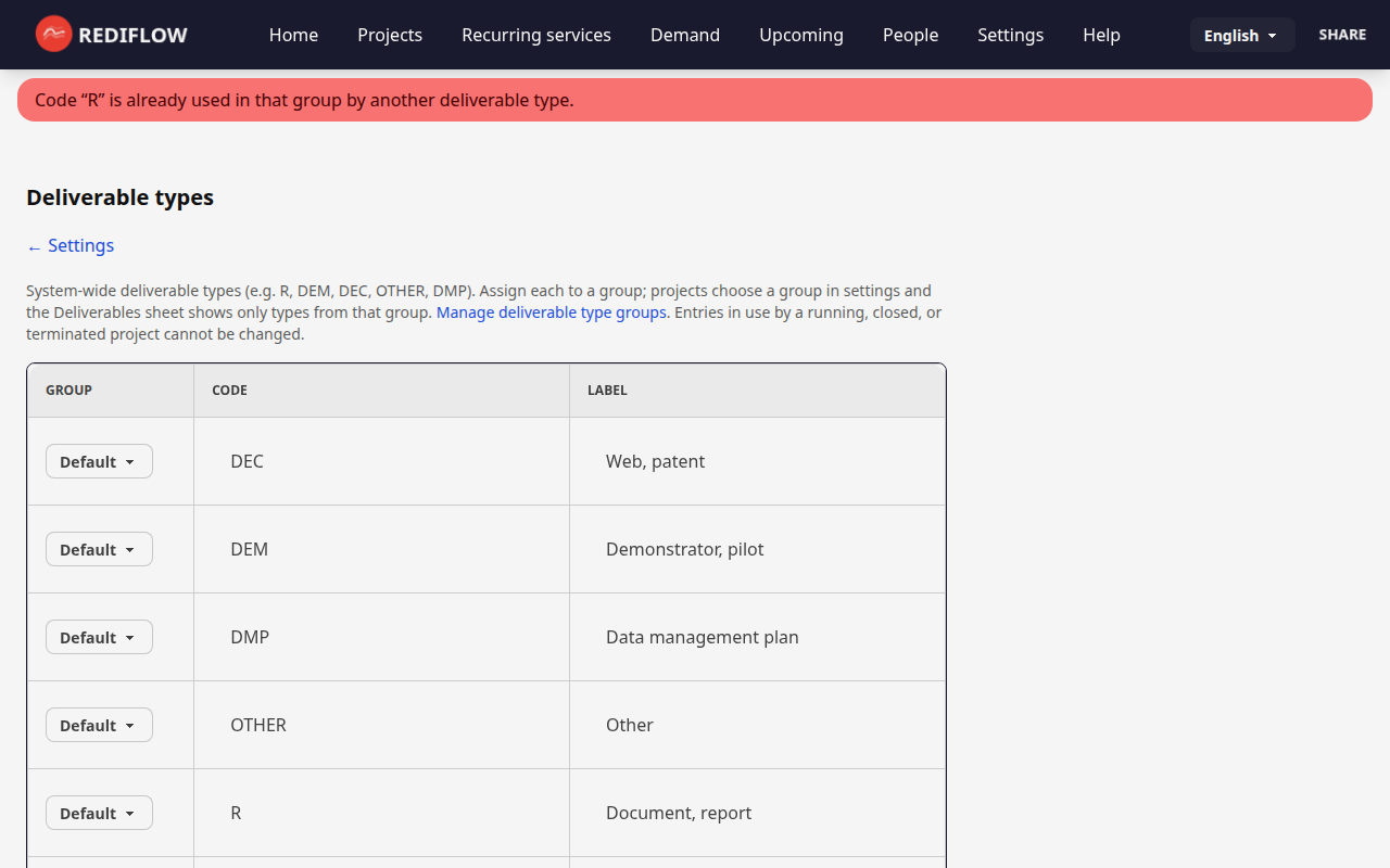 Screenshot: Deliverable types