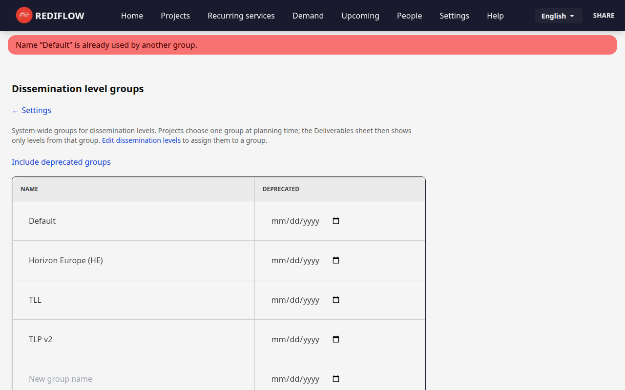 Screenshot: Dissemination level groups