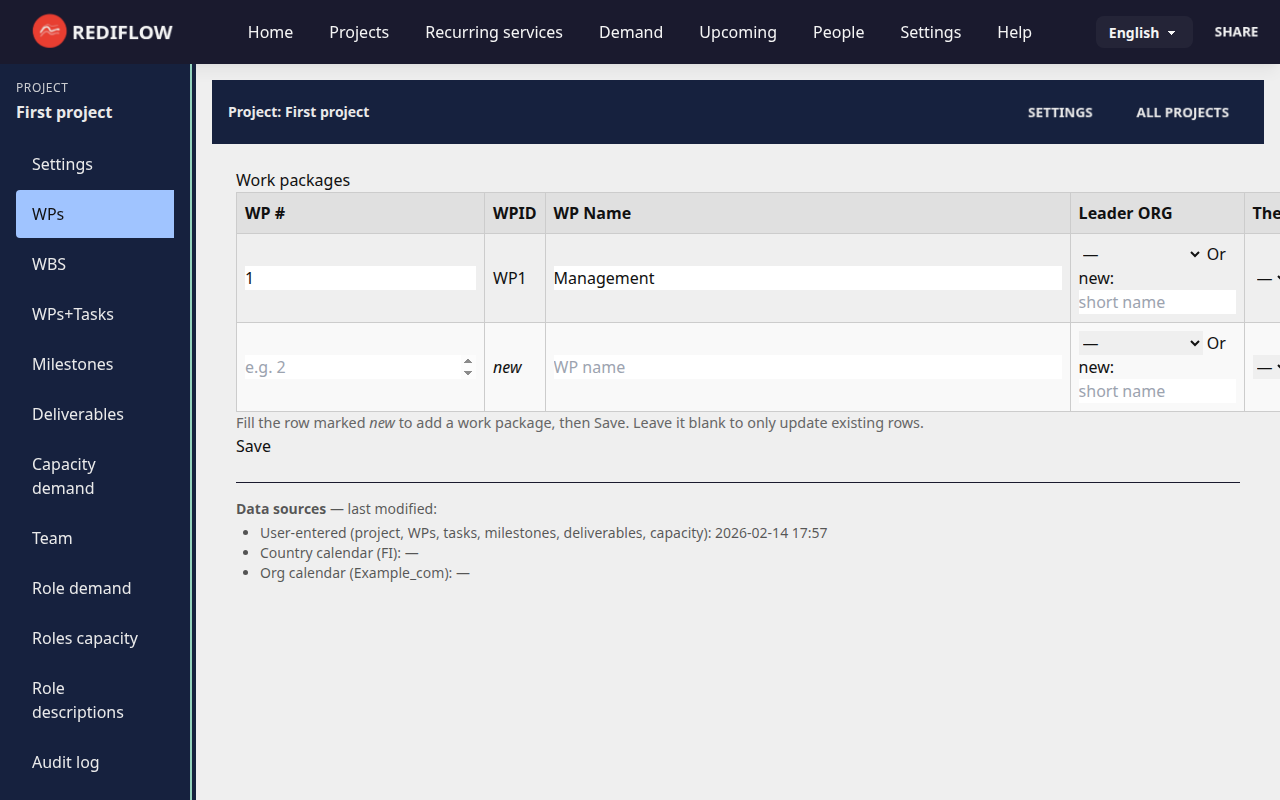 Screenshot: WPs sheet with one WP
