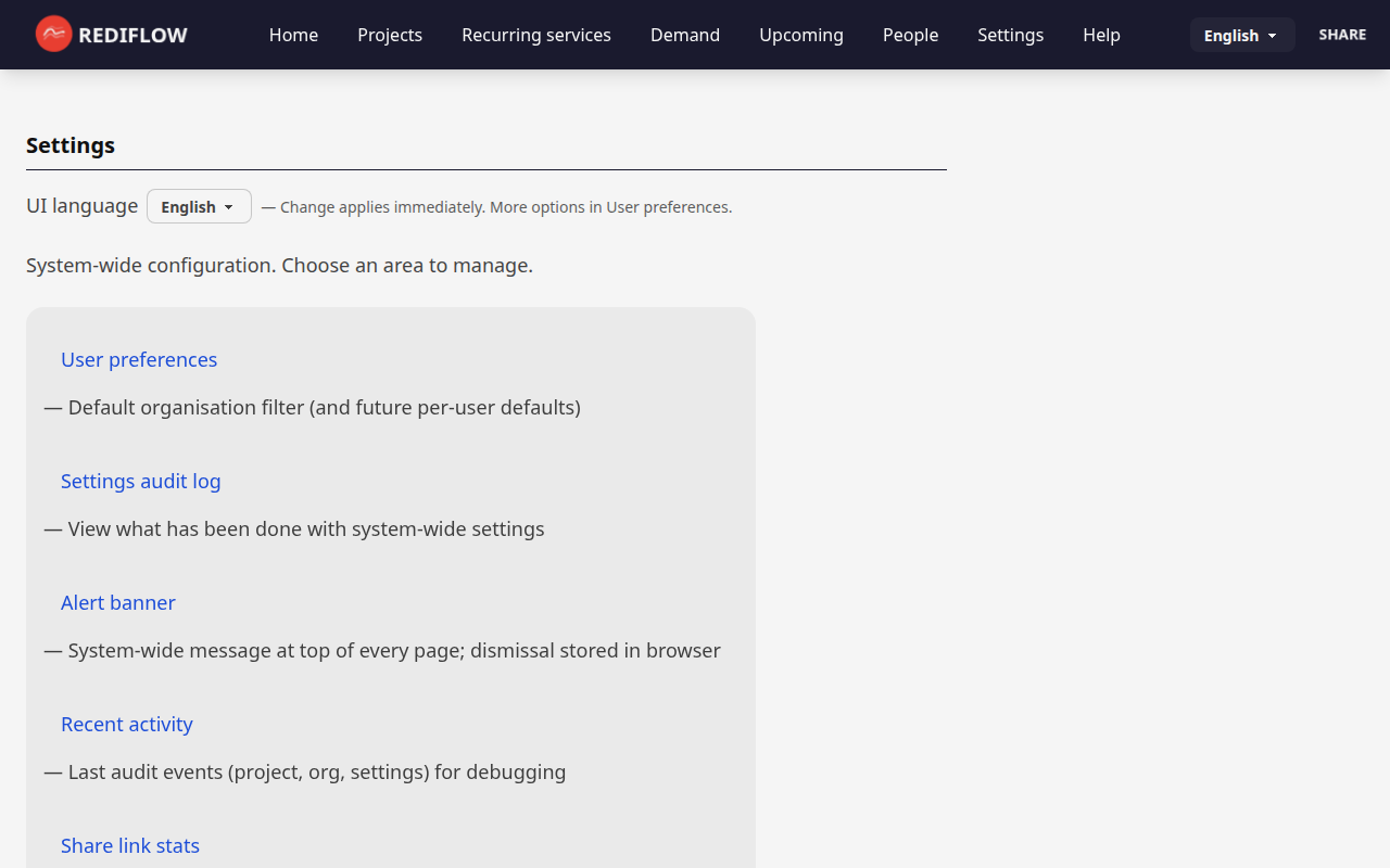 Settings index with ORGS, role types, deliverable types, calendars