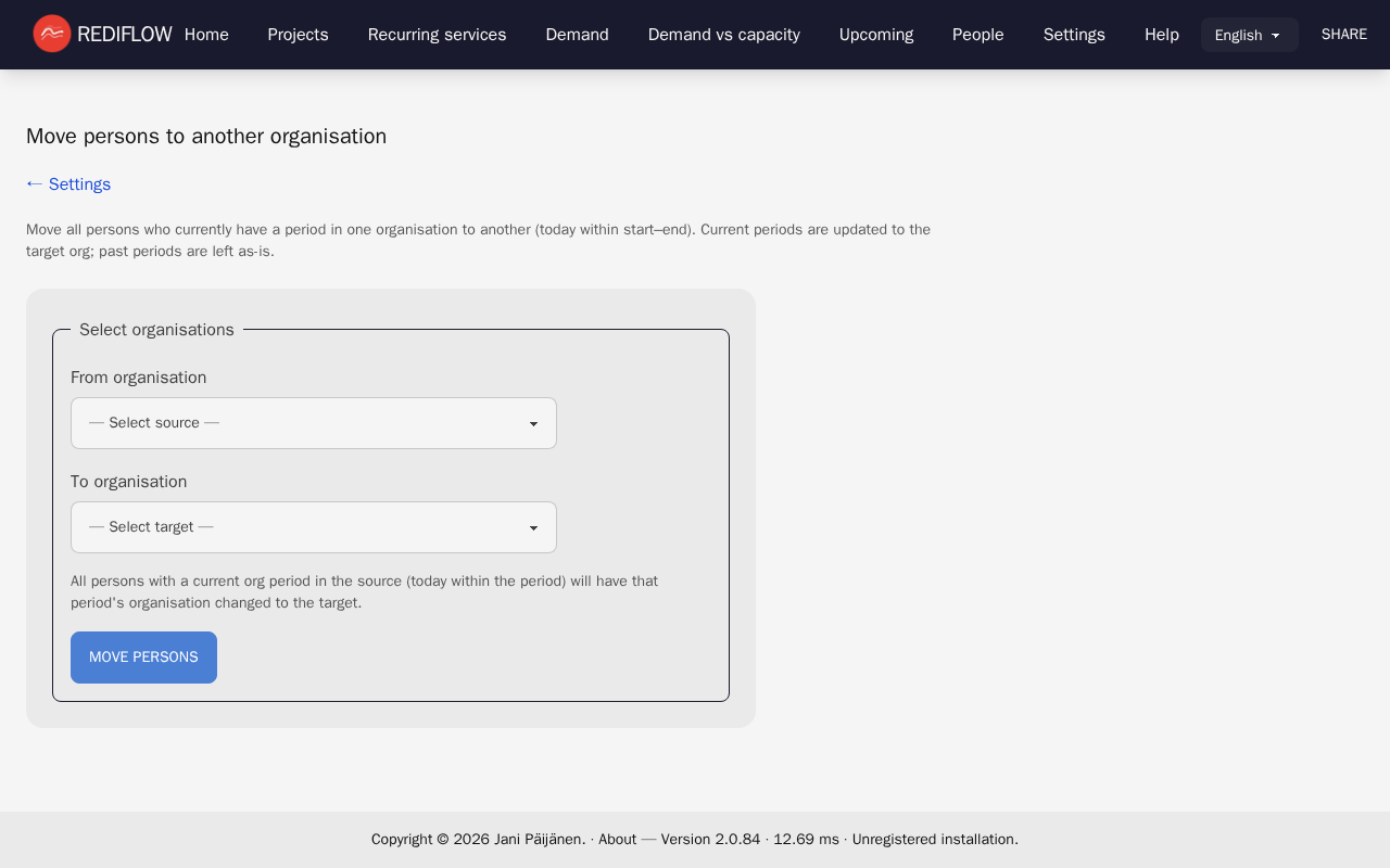 Settings: Move persons org